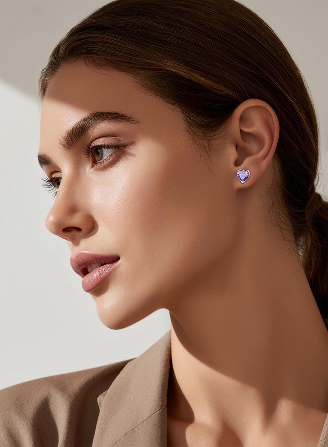 KeyStyle Amethyst Birthstone Earrings for Women,Heart Stud Earrings with 925 Sterling Silver Posts & Push Backs,8mm/2 Carat Cubic Zirconia Stud Earrings,Birthday Party Gifts Birthday Jewelry - Image 2